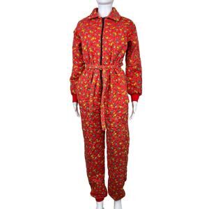 Vintage Snuggables 80-90s Red Yellow Floral Quilted Onesie Tie Front Jumpsuit M